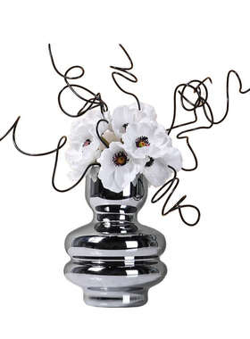 妖及轻奢酒店花艺样板q间售楼部银色玻璃花器蓝色白色创意餐桌花