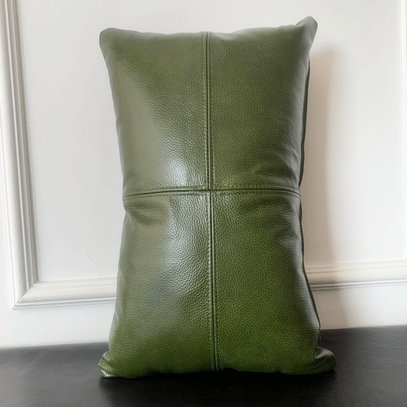 高级绿色沙发抱枕靠垫真皮腰枕靠背枕客厅现代简约V头层牛皮可定 - 图0