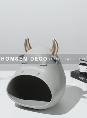 现代家居客厅玄关收纳创意大嘴牛摆件样板间软装钥匙储Y物托盘果