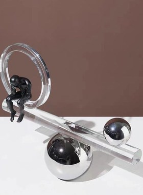 极简轻奢水晶平衡板思考者人w物雕塑摆件样板间客厅书房玄关柜装