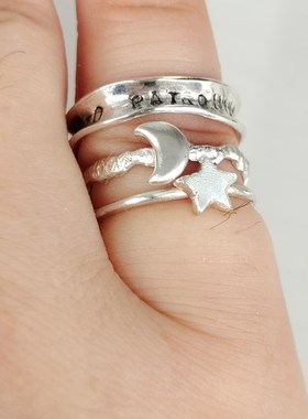 手工999足银月亮星星太阳爱心不规则肌理纹开口R戒指男女戒子定制