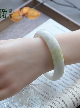 保真白玉手镯天然飘花蓝田玉镯菜花玉扁条复古岫玉镯子女生日礼物