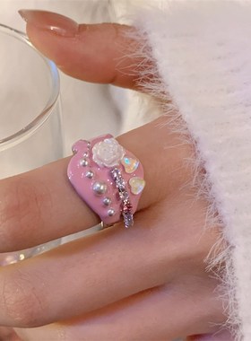 甜酷Y2K手f工珐琅滴油五角星爱心叠搭戒指 时髦百搭珍珠花朵指环