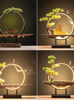 新中式禅意摆件底座风化实木家居摆件客厅办公室玄关书Y房铁艺灯