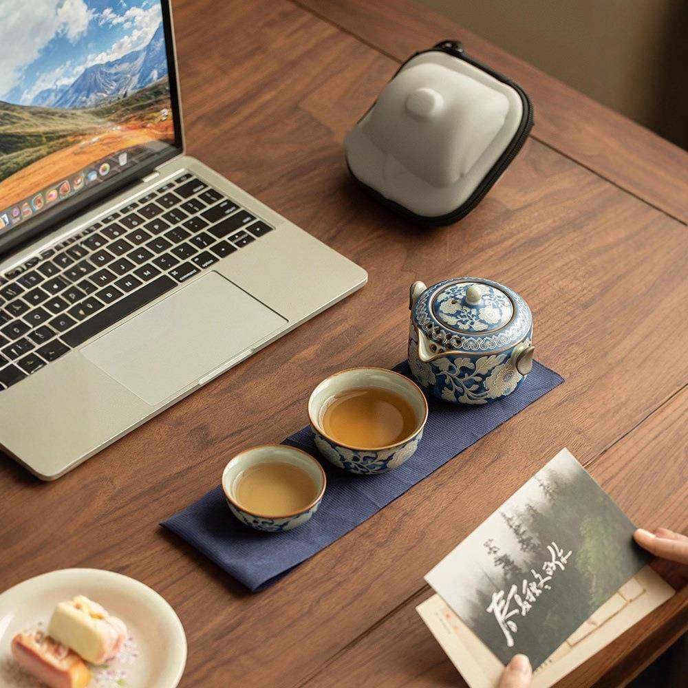 仿宋汝窑元青花双耳壶快客旅行茶具户外便携式一壶两杯陶瓷手抓壶,淘宝优惠券,粉丝福利购,淘宝优惠卷