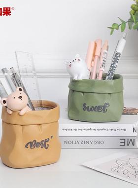 创意仿纸袋树脂多肉花盆微景观办公室桌面收纳笔筒小盆栽摆件