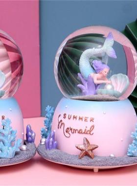 装饰礼品摆件创意浪漫美人鱼声控水晶球旋转飘雪花卡通音乐盒