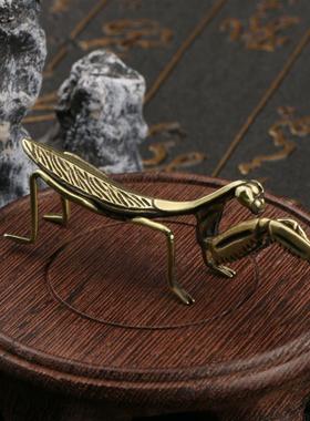 铜螳螂小摆件茶道铜茶宠实心铜昆虫仿古铜微雕古玩铜器铜艺小摆件