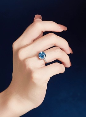 龙星惜上S925纯银镶海蓝色锆石玫瑰戒指女轻奢小众气质指环手饰品