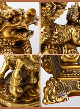 铜麒麟摆件一对 大小o号纯铜招财麒麟送子客厅家居卧室装饰品聚财