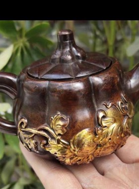 古董铜器a收藏大清乾隆年制纯铜鎏金功夫酒壶全铜茶壶南瓜铜壶摆