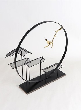 新中式金属几何摆件禅意售楼处样板房玄关柜博古架办公室软装饰品