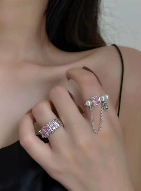 甜蜜发射 金属液化少女粉色方糖锆N石链条 开口戒指女