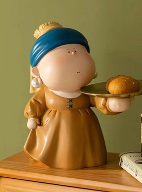 戴珍珠少女艺术家可爱女孩入户玄关钥匙托盘收纳R家居装饰礼品摆