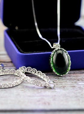 s925纯银吊坠空托椭圆形镶嵌托袁大头蜜蜡绿松石卡U梅奥银币包边