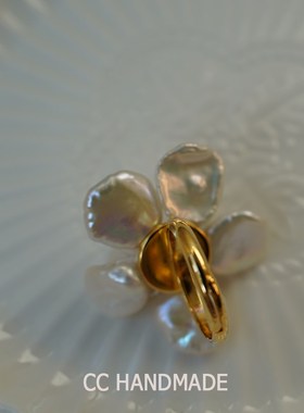 cc手作 巴洛克珍珠花瓣花朵戒指指环可调节 春T夏新款 海边度假