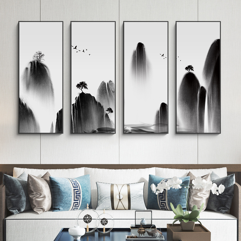 水墨禅意山水画新中式p装饰画客厅挂画沙发背景墙画壁画茶室四联 - 图2