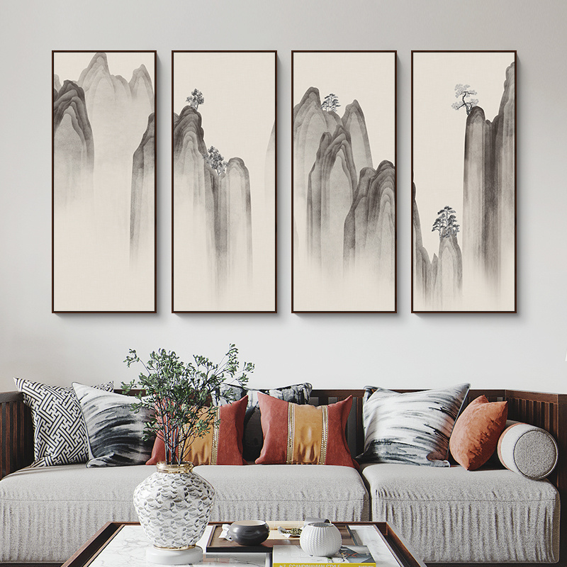 水墨禅意山水画新中式p装饰画客厅挂画沙发背景墙画壁画茶室四联 - 图1