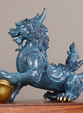 铜貔貅摆件彩绘烧蓝元宝貔貅霸王瑞兽客厅办公室吉祥X装饰独角皮