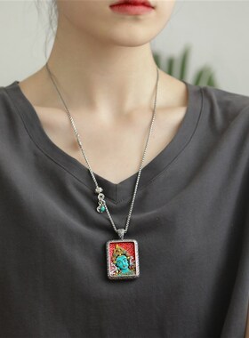 #+S925银方形祥云彩色绿度母朱J砂吊坠女仅吊坠国风项坠