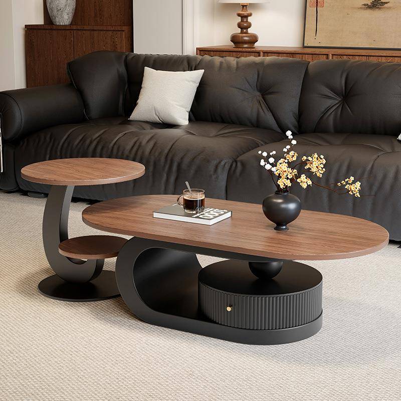 极简实木椭圆茶几现代简约客厅家用小户型古风轻奢高级组合带抽屉 - 图1