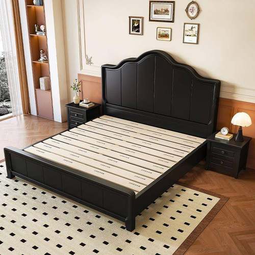 法式复古实木床家用卧室双人大床黑色气压储物床简约现代网红婚床 - 图2