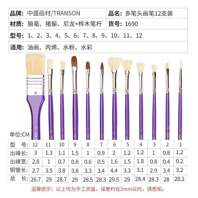 中盛画材多笔头狼毫尼龙油画丙烯水粉扇形笔手绘水彩画笔12支套装,淘宝优惠券,粉丝福利购,淘宝优惠卷