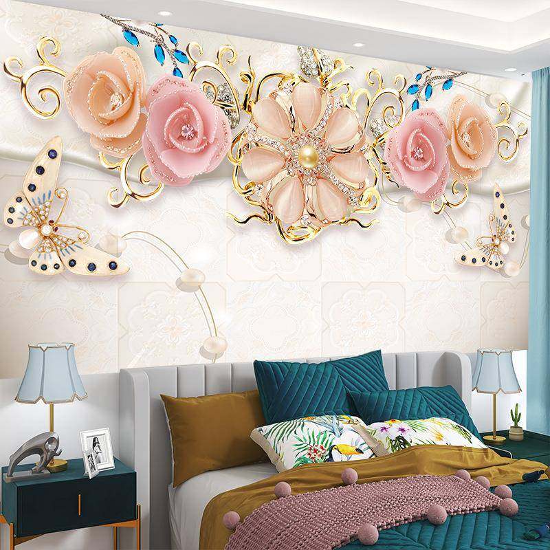 粉色玫瑰蝴蝶墙贴卧室客厅电视背景装饰贴画整张墙纸自粘,淘宝优惠券,粉丝福利购,淘宝优惠卷