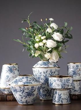 现货新中式青花瓷陶瓷花t瓶花艺插花高档中式餐厅客厅手工装饰摆