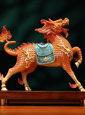 黄铜《麒麟献瑞》摆件一对新中式家居办公室装饰品X开业乔迁礼品