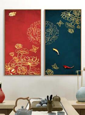 新中式玄关红色装饰画现代客厅餐厅墙壁画两联竖幅拼接个性挂饰画
