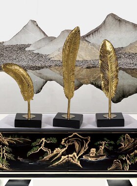 创意欧式轻奢纯铜羽毛现代简约黑色大理石摆件家居饰品样板间摆设