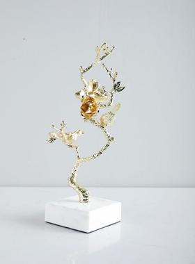 现代新中式创意金属大理石鲜花摆件家居样板房售楼处玄关艺术品