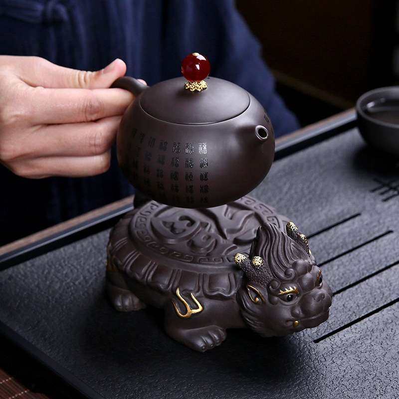 小8.5cm全黑朱泥紫砂貔貅泡茶壶承底托底座描金花盆底座家用客厅,淘宝优惠券,粉丝福利购,淘宝优惠卷