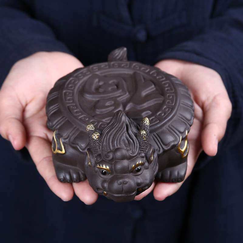 小8.5cm全黑朱泥紫砂貔貅泡茶壶承底托底座描金花盆底座家用客厅,淘宝优惠券,粉丝福利购,淘宝优惠卷