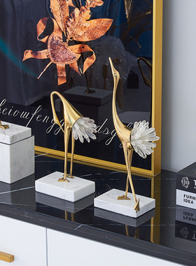 新中式轻奢水晶黄铜仙鹤s摆件现B代家居客厅酒柜玄关电视柜软装装