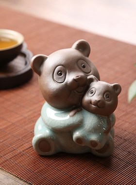创意熊猫陶瓷摆件中式可爱茶桌办公室F桌面摆设茶宠趣茶玩家居装