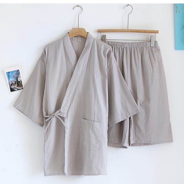 士开衫套装汗蒸七分袖睡衣男日式和服家居服桑拿夏季薄款纯棉纱布 - 图0