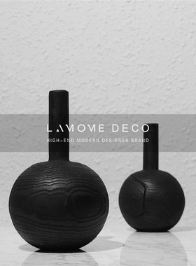 简约现代日式黑色碳化木瓶圆形z摆件售楼处样板间客厅桌面软装饰