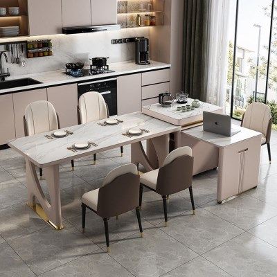 岩板餐桌岛台一体轻奢2024年新款旋转伸缩实木简约现代电磁炉茶桌,淘宝优惠券,粉丝福利购,淘宝优惠卷