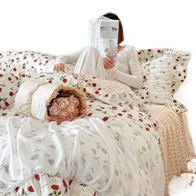 玫瑰恋人法式全棉花边蕾丝床裙四件套纯棉a类床上用品南通公主风,淘宝优惠券,粉丝福利购,淘宝优惠卷