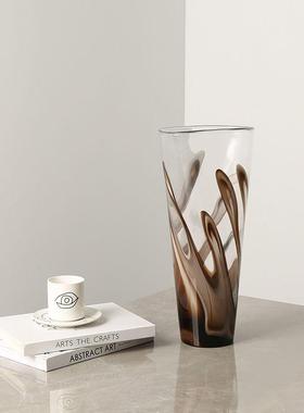 创意现代轻奢咖色海草纹玻璃花瓶时尚样板间客厅设计感装饰品摆件