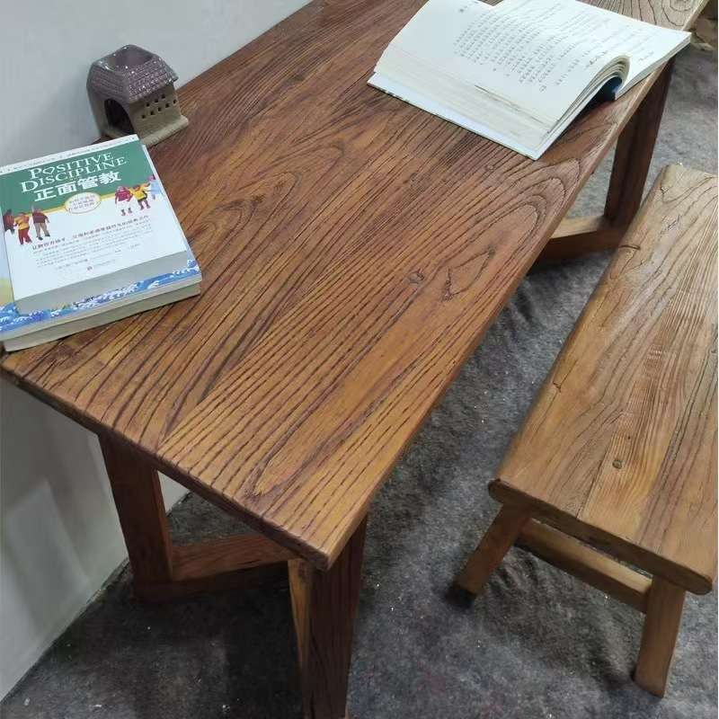 老榆木茶桌实木餐桌简约长条桌阳台茶桌办公书桌原木吧台家用茶几 - 图2