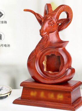 创意时钟质实木羊摆件红木 雕刻工艺品东阳木雕肖时钟生摆设 座钟