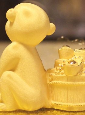 生肖绒沙金猴如意摆件猴年贺岁工艺品聚宝盆家居装饰品办公室摆设