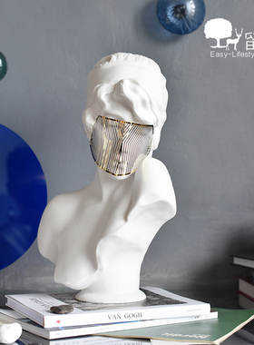 金属面罩树脂女孩雕o像北欧现代售楼处美容院艺术轻奢摆件软装饰