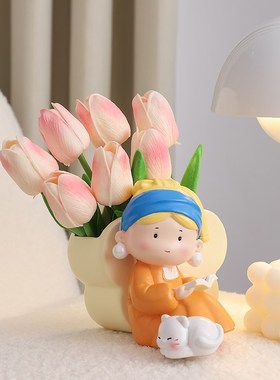 可爱珍珠女孩花瓶摆件客厅插花办公室桌面情绪稳定装饰.生日礼物