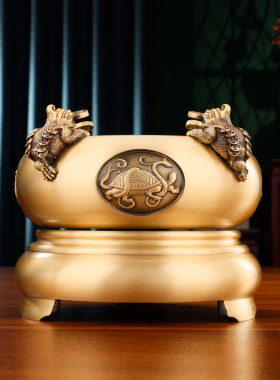 黄铜《四方来财聚宝盆》摆u件金蟾家居客厅店铺前台装饰品开业礼
