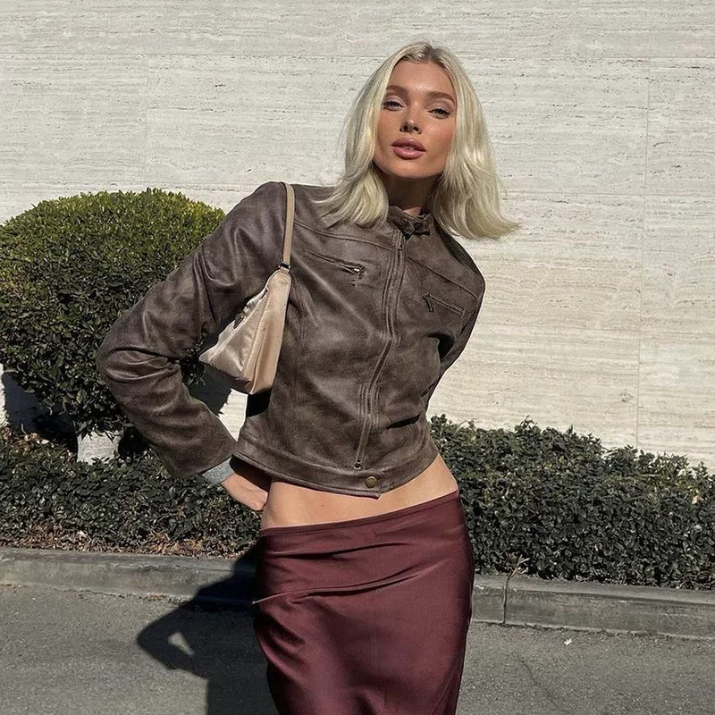 American retro retro brown short jacket 2024 spring new hot girl is the easiest to match stand-up collar Pu leather jacket