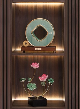 创意冰裂陶瓷铜钱摆件新中式办公室前台酒柜高档装饰开Z业送礼好